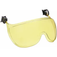 Amber lens and frame eye shield assembly with anti-fog and scratch-resistant properties. Mounts to hard hats and helmets using included mounting hardware. Suitable for industrial environments where enhanced contrast in low-light or glare conditions is needed.