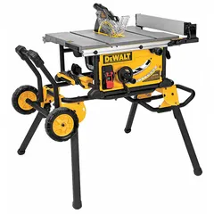 Portable table saw on a rolling stand for job-site cutting of lumber and sheet goods. 15 A motor, rip capacity from 12 in left to 32 1/2 in right, bevel range -2° to 45°. Suitable for framing, decking, and trim work.