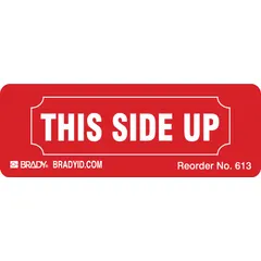 Red shipping label with 'This Side Up' message, measuring 1 1/8 by 3 1/4 inches. Supplied on a roll of 500 labels. Used to indicate proper package orientation during transport and handling.