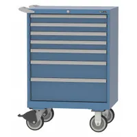 Steel mobile cabinet with 7 drawers, one 3 in inside height, 36 in x 18 in drawer size. Tubular handle, adjustable dividers, (2) rigid casters. Powder coated bright blue finish. Assembled, no work surface. For organized storage in workshops and industrial areas