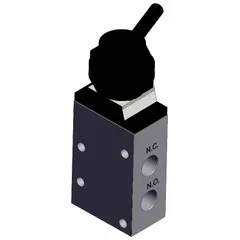 Toggle-actuated manual air control valve with 3 ports and 1/8 in BSPT connections. Maximum operating pressure of 1 MPa. Used to direct compressed air flow in pneumatic systems for on/off or diverting functions.