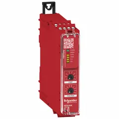 DIN-rail mounted relay with 2 inputs and screw-type terminals, operating on 24V AC/DC. Contact rating: 5 A at 1V for both AC and DC normally open (NO) circuits. Suitable for switching low-voltage circuits in industrial control panels and automation systems.