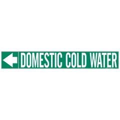 Green adhesive pipe markers with white legend reading 'Domestic Cold Water', designed for pipe outer diameters of 1-1/2 to 2 inches. Each marker includes directional arrows for flow indication. Supplied on a roll of 25 markers for facility identification of domestic cold water lines.