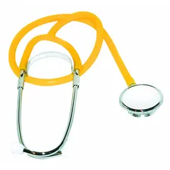 This MEDSOURCE acoustic stethoscope features a single-tube design in yellow for adult and pediatric use. It includes a spare diaphragm and has a 22-inch overall length. Used by healthcare professionals for auscultation of heart, lung, and bowel sounds.