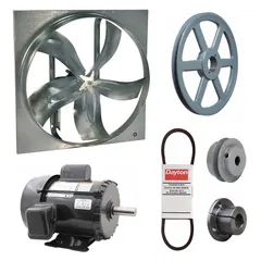 Unassembled belt-drive panel exhaust fan with drive package. Features a 54-inch blade, 2 hp motor, and 32,589 cfm airflow at 115/230V AC single-phase. Includes a totally enclosed fan-cooled motor with Class F insulation, zinc-plated steel frame, and no intake guards. Suitable for high-volume air movement in industrial and commercial facilities such as warehouses, factories, and distribution centers.