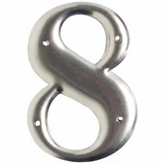 Aluminum label with silver uppercase character 8, 3 in character height, 2 in overall width. Pack of 10 pieces, 10 packs per order. Used for identifying utility poles in outdoor environments.