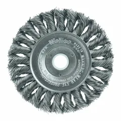 This heavy-cleaning brush is designed for removing rust, scale, and weld splatter from contoured carbon steel surfaces. It features a 4" diameter by 1/2" width, a 5/8" to 1/2" arbor, and a 0.014" twisted steel fill. Suitable for irregular shapes and heavy-duty cleaning tasks.