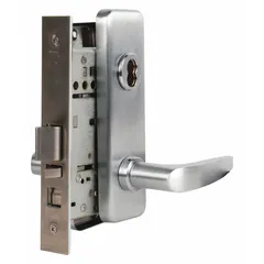 This office lever lockset features a chrome finish and is ADA compliant for accessibility. It includes an interchangeable core for keying flexibility. Suitable for commercial interior doors such as offices and meeting rooms where key-retained locking from the outside is required.