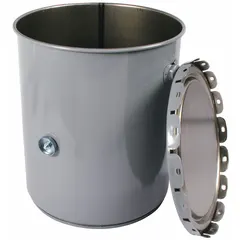 This mixing bucket and cover is designed for use with concrete mixers. It has a 5 gal drum capacity and is compatible with manufacturer part number H-1690. The cover helps contain material during mixing.