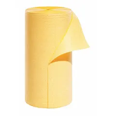 This yellow polypropylene sorbent roll measures 300 ft in length and 30 in in width. It is designed for absorbing industrial fluid spills, leaks, and drips in maintenance, manufacturing, and processing environments. The continuous roll provides high-capacity coverage for floors, work areas, and machinery.