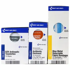 This unitized, OSHA-compliant refill serves 25 people and includes 45 components: 25 metal detectable bandages and 10 BZK wipes. It is latex free, not ANSI compliant, and not water resistant. Designed for food service applications where metal detectable components are required.