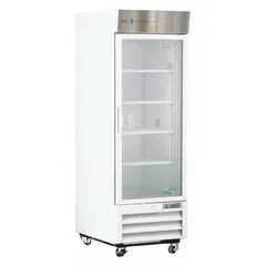 This upright chromatography refrigerator provides a temperature range of 1°C to 10°C for storing temperature-sensitive biological samples, reagents, and chromatography media. It features a white exterior, a right-opening swing glass door, and a temperature alarm. The unit uses R-290 refrigerant.