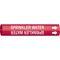 Red pipe marker with white legend text reading 'Sprinkler Water'. Fits pipe outer diameters of 4 to 6 inches. Includes directional arrows. Supplied as a single marker for identifying sprinkler water lines in piping systems.