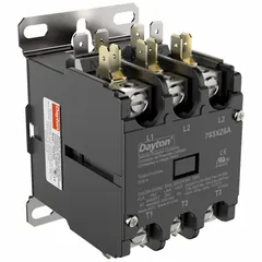 Three-pole non-reversing definite purpose contactor with 3NO main pole contact form. Rated 40 A, 208-240V AC coil voltage, maximum 600V AC. Box lug terminals, through-panel mounting. Used for switching motors, compressors, and resistive loads in HVACR and industrial control panels.