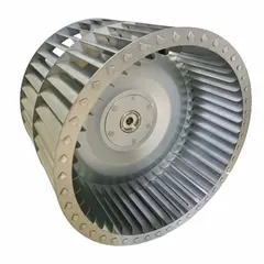 This single-inlet forward-curved blower wheel is a replacement part for HVAC and industrial air-moving systems. It has a diameter of 12 15/16 inches and a width of 9 9/16 inches, constructed from steel with two inlets and clockwise hub end rotation. Suitable for applications requiring moderate airflow at low static pressures, such as furnaces, air handlers, and ventilation units.