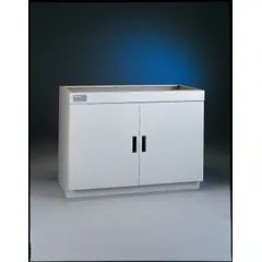 This stationary acid storage cabinet is constructed of white epoxy-coated steel for corrosion resistance. It features two manual doors and is designed for use under fume hoods to safely store corrosive chemicals in laboratory settings.