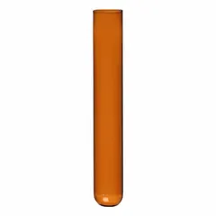 Amber glass test tube with 10 mm body diameter and 75 mm overall height, round bottom, not graduated, without closure. Suitable for general laboratory procedures including mixing, heating, and incubation, particularly for light-sensitive samples.