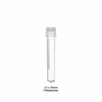 Polystyrene culture tube with 5 mL capacity, round bottom, and colorless body. Graduated for volume measurement. Includes a colorless LDPE closure with cap. Used for laboratory culturing, sample storage, and mixing applications