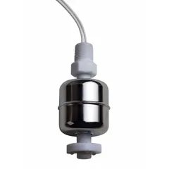 Side-mounted float switch with mechanically alternating SPST configuration. Stainless steel construction with vertical mounting and lead wire termination. Specific gravity rating of 0.91. Used for liquid level control in tanks or vessels.