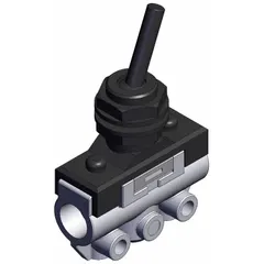Manual air control valve with toggle actuator and side-ported body. Features 2 ports with 1/8 in NPT connections. Used in pneumatic systems for directing compressed air flow between two ports via manual switching.