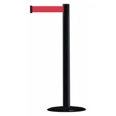 This retractable belt post barrier features a black plastic post and a red belt with no legend. The cast iron base provides stability for use in crowd control and queue management applications. Belt length is 7 1/2 ft.