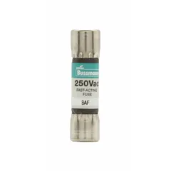 The BUSSMANN BAF-6 is a fast-acting midget cylindrical fuse rated for 6 A at 250 V AC. It has a non-indicating design and measures 13/32 in x 1 1/2 in. This fuse provides overcurrent protection in industrial equipment such as control panels and motor starters.