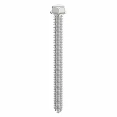This hex-head concrete screw anchor is made from Grade SW steel with a pointed tip and external hex drive. It is removable and measures 1/4 in diameter by 2-3/4 in overall length. Supplied in a 100-pack, it is used for fastening into concrete, brick, or block in light- to medium-duty applications.