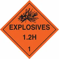 DOT placard for identifying Class 1 explosives during transport. Measures 10 3/4 in x 10 3/4 in with message 'Explosives 1.2 H 1'. Used on shipping containers and vehicles to meet hazardous material labeling requirements