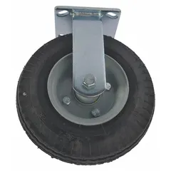 This rigid caster is a replacement component for platform trucks, constructed with a rubber tread on a steel core in black. It supports a 300 lb load capacity and measures 8 inches in overall length by 3 inches in overall width. Suitable for moving carts and equipment in industrial or warehouse settings.