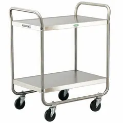 This open stainless steel cart features two shelves and four swivel casters for maneuverability. NSF certified, it is suited for transporting supplies in commercial kitchens, hospitals, and industrial settings.