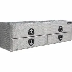 This topside box features a single flip-up door with T-handle compression latch and a keyed lock for secure storage. It includes built-in drawers for organized tool and equipment storage. Suitable for use on service trucks and work vehicles where accessible, weather-resistant storage is needed.