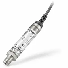Pressure transmitter with 4-20mA DC output, ±1% accuracy, and 1/4 in Male NPT process connection. Features stainless steel housing, IP67 and NEMA 4X protection, 3 ft cable, overpressure 2x range, burst pressure 5x range. Suitable for industrial pressure measurement in process control, hydraulic systems, and pump monitoring.