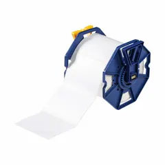 Acrylic label roll with permanent adhesive and inkjet print-receptive surface. Contains 750 precut labels sized 3 in x 4 in. Compatible with Brady J7300 printer series. Used for industrial identification and labeling.
