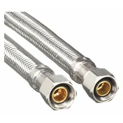 This faucet connector has a 5/16 in hose inside diameter and 12 in hose length, rated for 250 psi. The hose tube is made of PVC with a stainless steel cover, and it is NSF certified. It is used to supply water from a faucet to a hose or appliance in commercial and industrial settings.