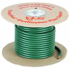 Continuous flexing control cable with 5 conductors, 18 AWG, copper conductors, PVC jacket, 600 V rating, and integrated ground. Heat resistant and CE certified. Suitable for fixed, flexible, and e-chain applications with minimum bend radius factors of 4 x OD (fixed), 5 x OD (flexible), and 6.8 x OD (e-chain).