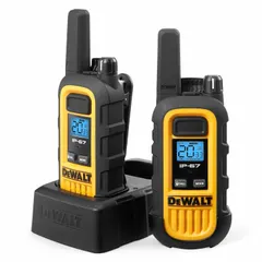 Handheld analog two-way radio operating on FRS and GMRS bands with 22 channels and 1 W output power. Features an alphanumeric display in a yellow housing. No FCC license required for operation. Suitable for short-range voice communication in job sites, warehouses, and outdoor work areas.