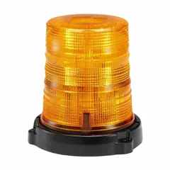 Amber LED rotating/flashing beacon with 25 selectable flash patterns. Round shape, 7 1/8 in overall width, pipe mount with locking wedge. Operates on 12/24V DC, Deutsch connector, SAE Class 1 rated. Used on emergency vehicles, construction equipment, and industrial trucks for hazard warning.