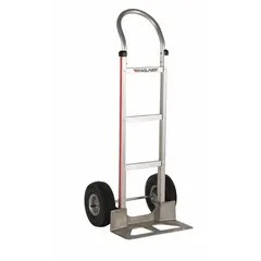 This flow-back hand truck features a silver aluminum frame and pneumatic tires for moving loads up to 500 lb. The corrosion-resistant construction suits material handling in industrial, warehouse, and commercial environments. Handle height is 48 in.
