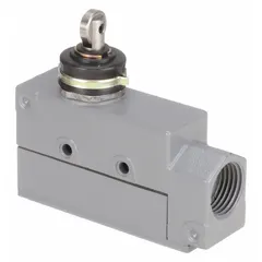 This top-mount roller-plunger limit switch detects the presence or position of moving machinery parts. It features screw terminals for electrical connections. Typical applications include industrial automation, conveyor systems, and packaging equipment for circuit control or end-of-travel signaling.