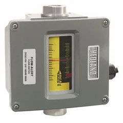 Aluminum-bodied variable area flow switch with 1/2 in FNPT connections, adjustable set point, and SPDT switch (normally open). Flow range 0.5–5 gpm. Contact ratings: 10 A @ 250 V AC, 0.5 A @ 125 V DC. Used in hydraulic and lubrication systems to monitor flow and protect equipment.