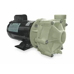 This centrifugal pump features a polypropylene housing and impeller for chemical resistance. It is powered by a 1/3 hp single-phase motor rated at 115/230V AC with an open dripproof enclosure. Connections are NPT. Suitable for transferring corrosive fluids in industrial processing, plating, and wastewater treatment applications.