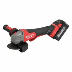 18V DC brushless motor angle grinder with 5 in / 4 1/2 in wheel diameter, adjustable guard, and standard head. Includes two 6 Ah batteries. Used for cutting, grinding, and surface preparation on metal and masonry in construction, fabrication, and maintenance.