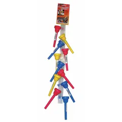 Set of 12 assorted-color spout funnels made from thermoplastic elastomer. Each funnel has a 1 3/4 in overall diameter, 5 in overall height, and a 4 in spout length. Used for transferring fluids, powders, or granular materials into containers with narrow openings in automotive, industrial, and workshop settings.