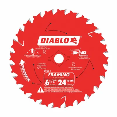 DIABLO Circular Saw Blade: 6 1/2 in Blade Dia., 24 Teeth, 0.06 in Cut Wd, 5/8 in Arbor Size - Wood-Cutting Blades