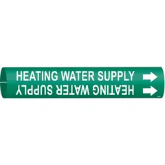 Green snap-on pipe marker with white legend 'Heating Water Supply' and directional arrows. Fits pipe outer diameters from 2-1/2 to 3-7/8 inches. Used to identify heating water supply lines in facility piping systems.