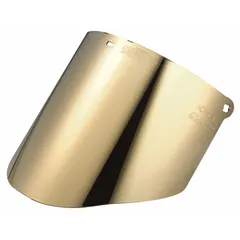 Green polycarbonate replacement visor with dielectric properties for heat resistance. Overall height 9 in, thickness 2 mm. Suitable for use in industrial environments where protection from sparks, splashes, and impact is required, such as welding or electrical work.