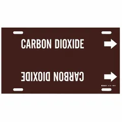 Snap-on pipe marker for carbon dioxide piping systems. Brown background with white legend text and directional arrows. Fits pipe outer diameters of 8 to 9-7/8 inches. Single marker included.