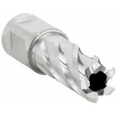 This annular cutter is made of bright high-speed steel with a maximum cutting depth of 1 inch. It is designed for general cutting applications in metal fabrication, such as creating clean holes in steel using a magnetic drill press. The cutter features a Weldon Flat shank for secure holding.