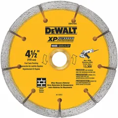 This 4-1/2 in diameter diamond blade is designed for dry cutting of masonry materials on angle grinders. It features a 5/8 in arbor and is rated for use on brick, block, stone, and concrete. Suitable for construction and renovation tasks.