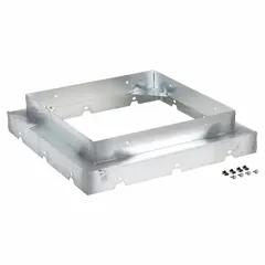 This roof-curb adapter allows a 22-inch fan base to be mounted on an 18-inch roof curb. Constructed from galvanized steel, it includes eight 1/4-20 Tinnerman speed nuts for secure attachment. Designed for use with upblast fans in ventilation systems.